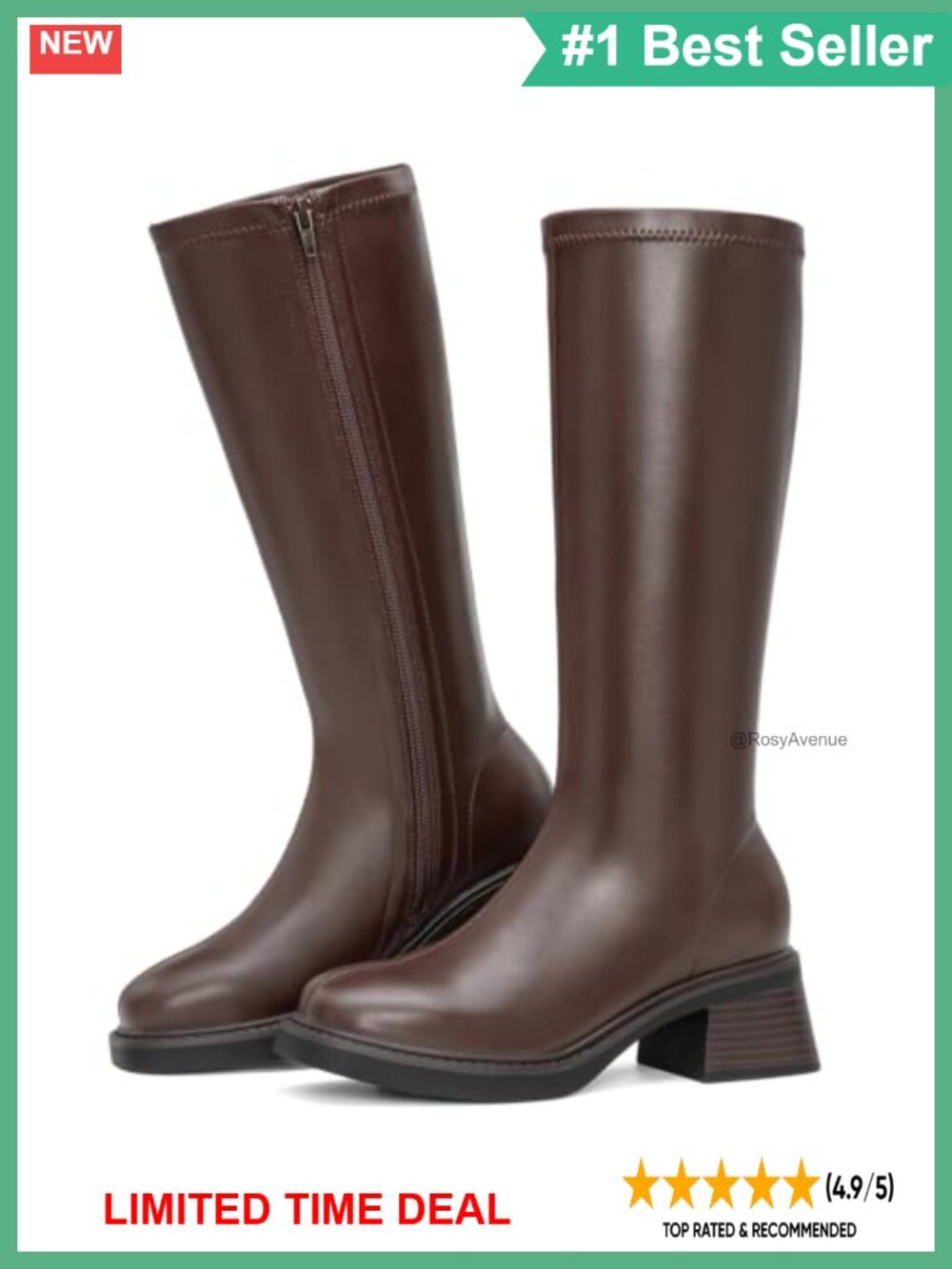 Womens Faux Leather Knee High Boots Block Low Heel Square Toe Riding Boots